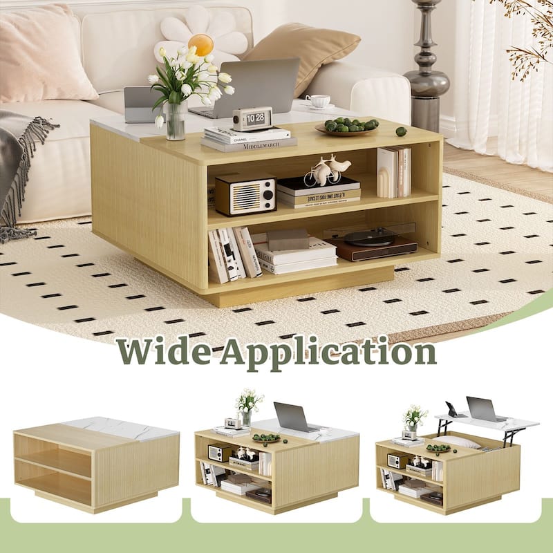 31.5" Fluted Lift Top Coffee Table with Storage, Boho Lift-Top Center Table with Hidden Compartment for Small Space