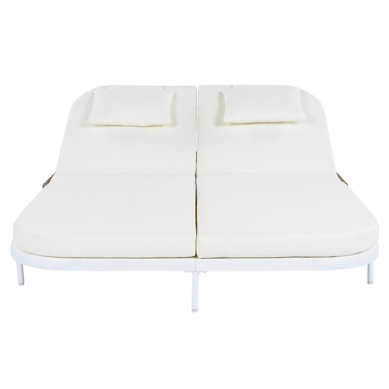 Outdoor Patio Iron Frame Double Daybed Sunbed with 5-Position Adjustable Backrest and Pillows