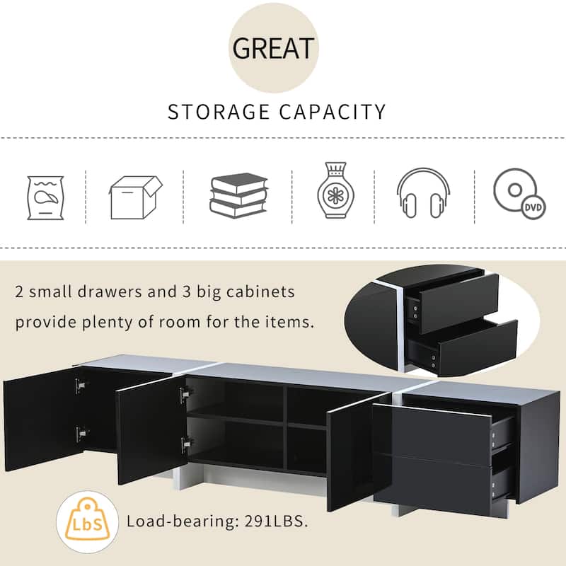 74.8" TV Stand with High Gloss UV Surface, 2 Small Drawers and 3 Big Cabinets for TVs Up to 80"