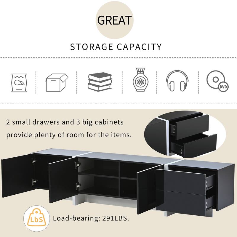 Modern TV Console for TVs Up to 80'', Contemporary Rectangle Design with 3 Cabinets & 2 Drawers, High Gloss Surface
