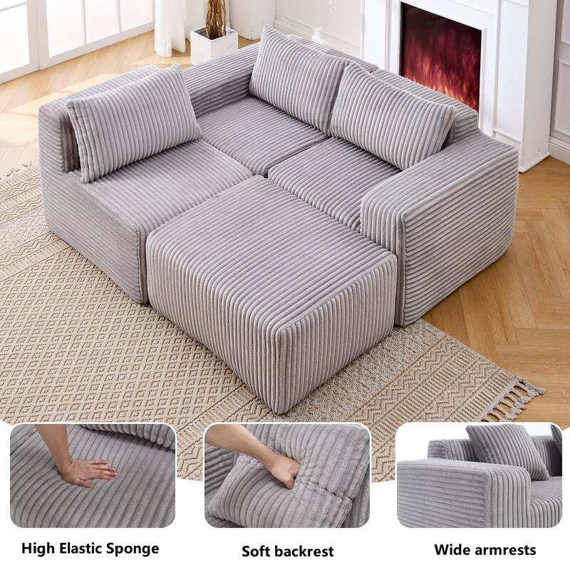 L-Shape Sectional Sofa with Ottoman, Fabric Upholstered Floor Cloud Couch, Modular Corner 3 Seat Sofa with Deep Seat - Light Gray