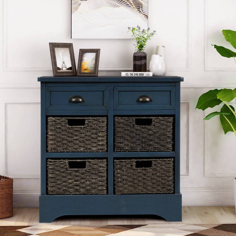 Rustic Storage Cabinet with Two Drawers and Four Classic Rattan Basket - Antique Navy