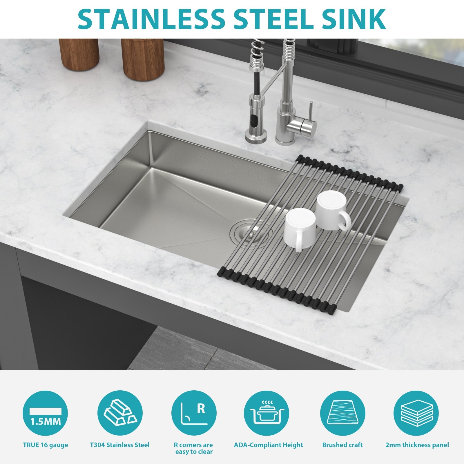 Timussi 15 in. Undermount Single Bowl 16 Gauge Brushed Nickel Stainless Steel Kitchen Sink with Bottom Grids Timussi 15 in. Undermount Single Bowl 16 Gauge Brushed Nickel Stainless Steel Kitchen Sink with Bottom Grids