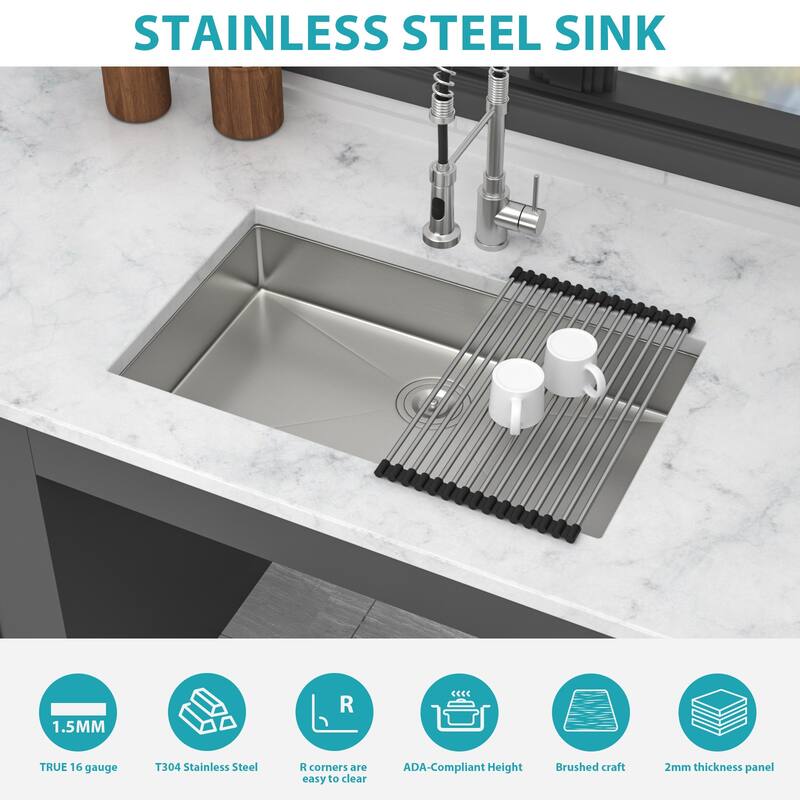 Undermount Single Bowl 16 Gauge Stainless Steel Kitchen Sink in Brushed Nickel