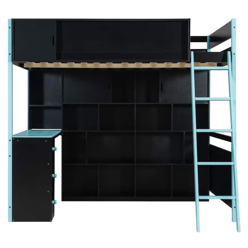 Full Size Gaming Loft Bed with Desk Full Wall Storage Shelf and 3 Drawers Storage Guardrail with Adjustable Door for Gaming Room