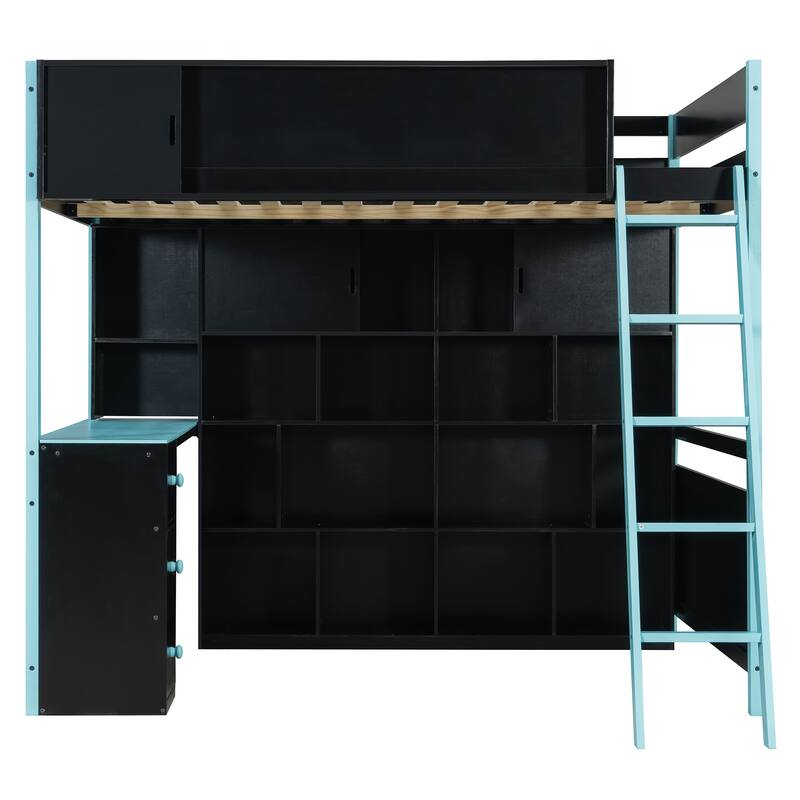 Roomfitters Full Size Gaming Loft Bed with Desk, Wall Shelves and RGB Light, Esports Hub