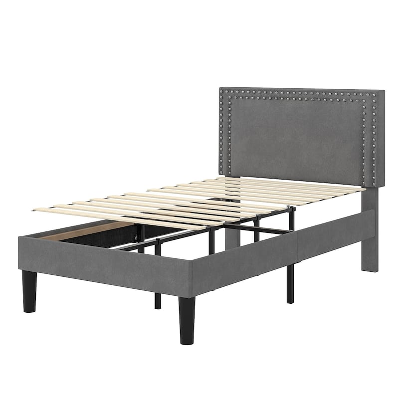 Upholstered Platform Bed Frame with Adjustable Headboard Velvet Nailhead Trim No Box Spring Needed