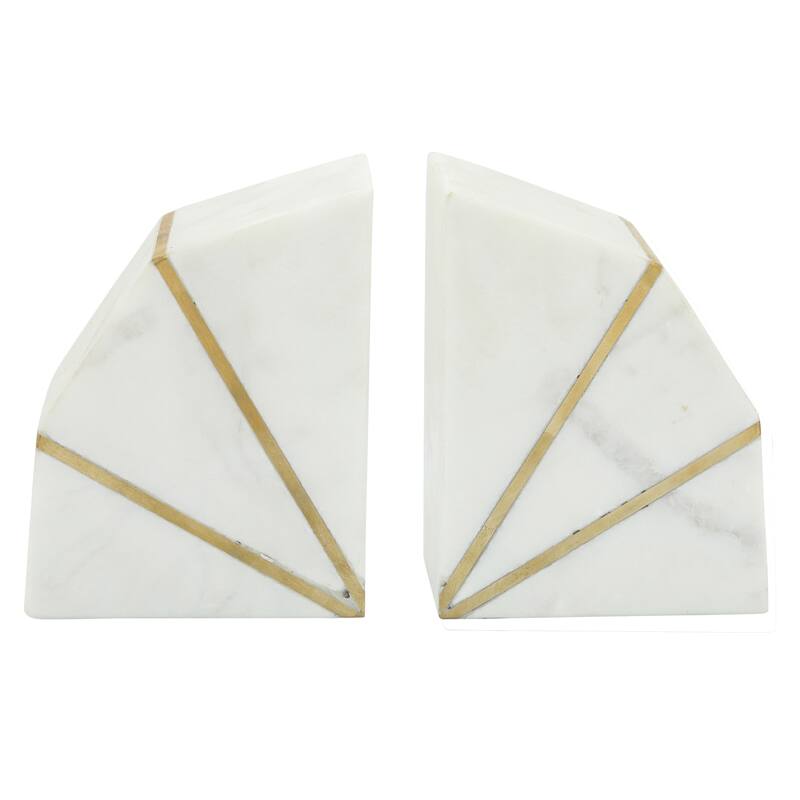 Set of 2 Marble Bookends Contemporary White and Gold Accent Decorative Bookends Book Display for Home or Office - 4" x 3" x 5"