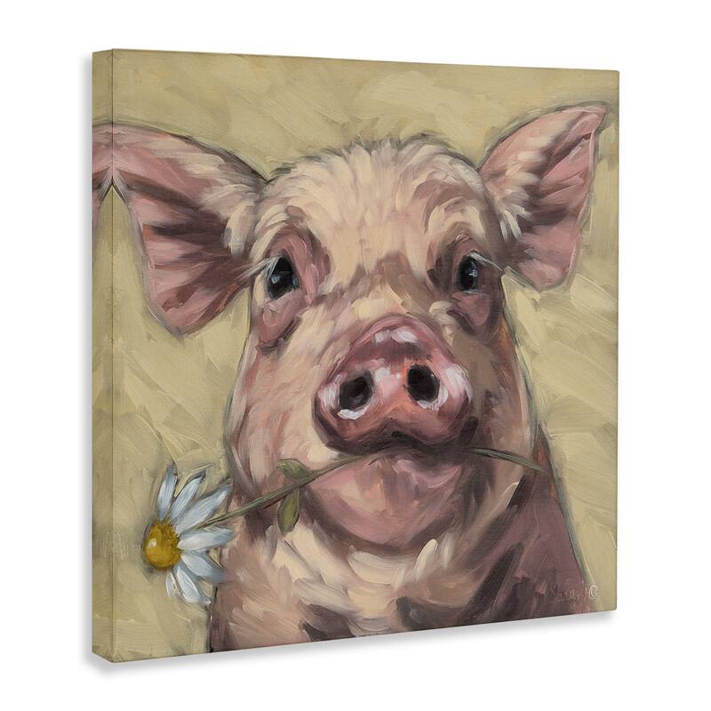 Stupell Pig Holding Daisy Sprig Canvas Wall Art Design By Sara G. Designs