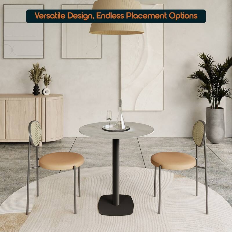 Vail Round Dining Table 27 in. Sintered Stone Tabletop in Black Stainless Steel Square Pedestal Base for Kitchen and Dining Room