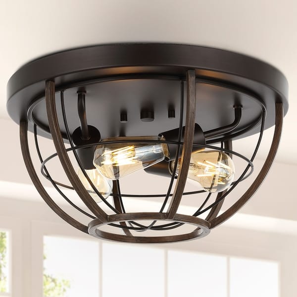 slide 2 of 9, Liam 15.75" 3-Light Rustic Farmhouse Iron LED Flush Mount, Wood Finished/Oil Rubbed Bronze by JONATHAN Y - 3 Light
