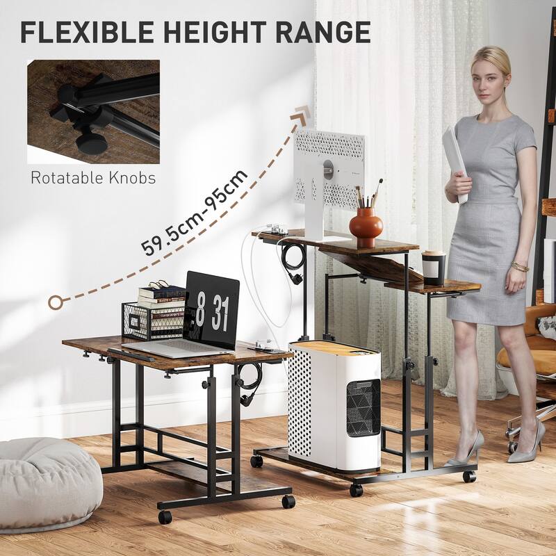 HOMCOM Height Adjustable Standing Desk with Power Outlets, Stand Up Desk with Tiltable Tabletop, Lockable Wheels, Bottom Shelf