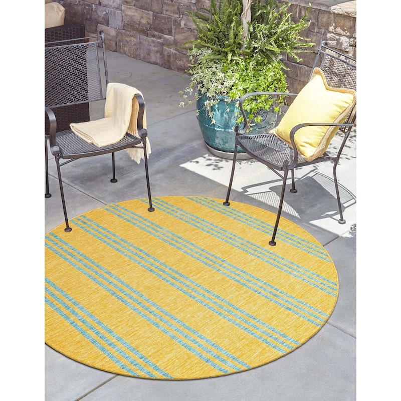 Outdoor Zrand Collection Area Rug - Yellow and Aqua - 13' Round