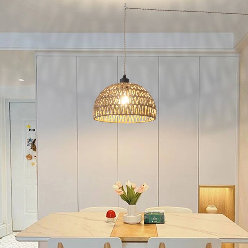 Plug in Handwoven Hemp Rope Lampshade Pendant Light with On/Off Switch