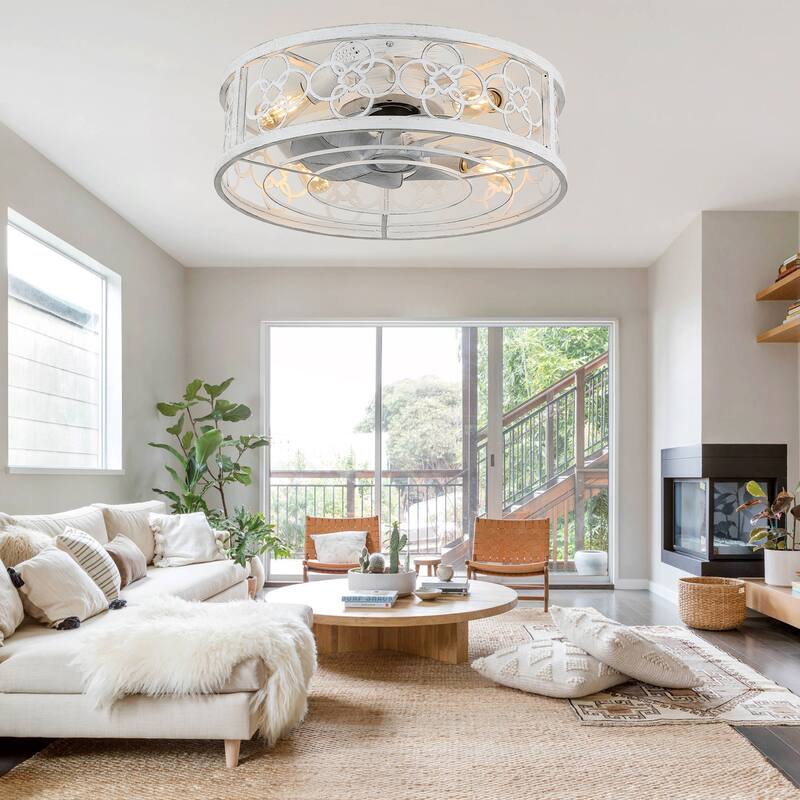 20" Oaks Aura Modern Farmhouse Distressed White Ceiling Fan with Light, Flush Mount Caged Ceiling Fan with Remote for Bedroom