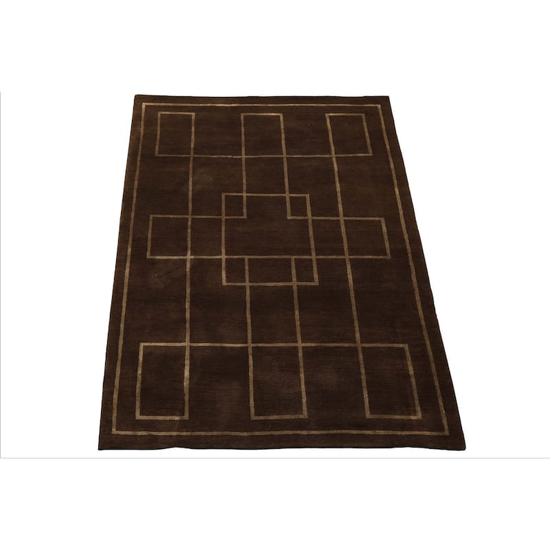 5x6'7'' Tibetano Hand Knotted Wool & Silk Art Deco Brown Rug - 5' x 6' 9''