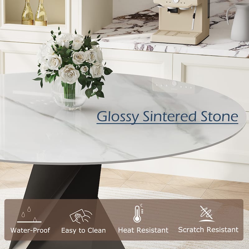 59" Modern Round Dining Table for 6-8, Glossy White Sintered stone Table top, Steel Grille column base