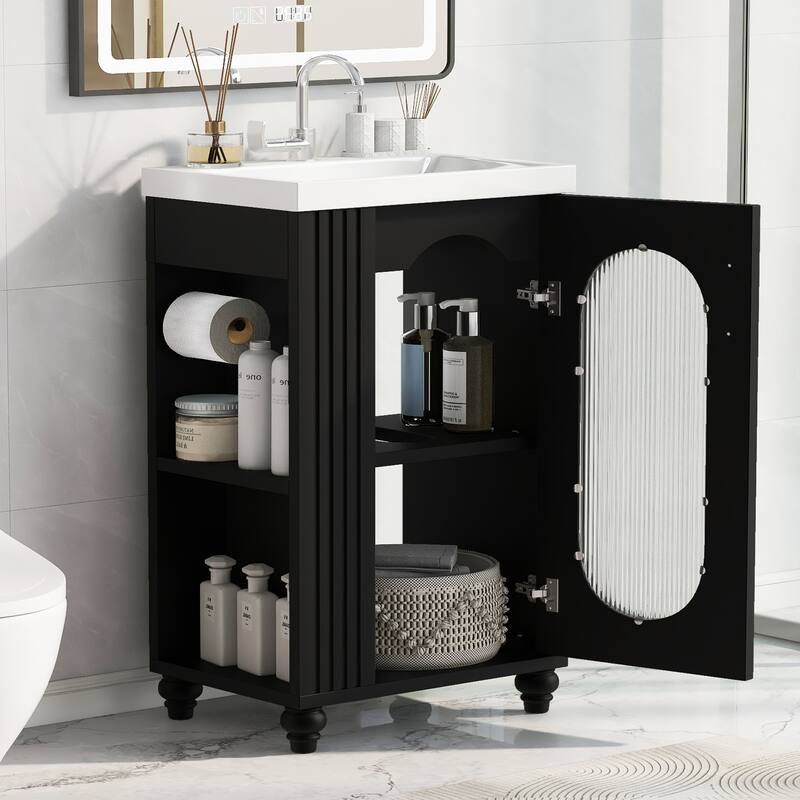 Small Bathroom Vanity with Sink, Wood Bathroom Cabinet with Glass Door, Single Basin Vanity Set with Two-Tier Shelf