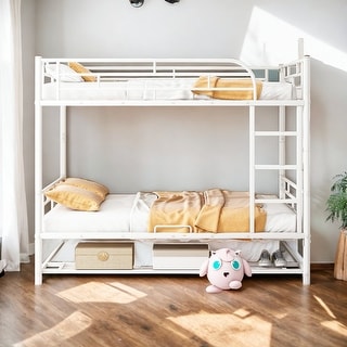 Full Over Full Metal Bunk Bed with Shelf and Guardrails, White