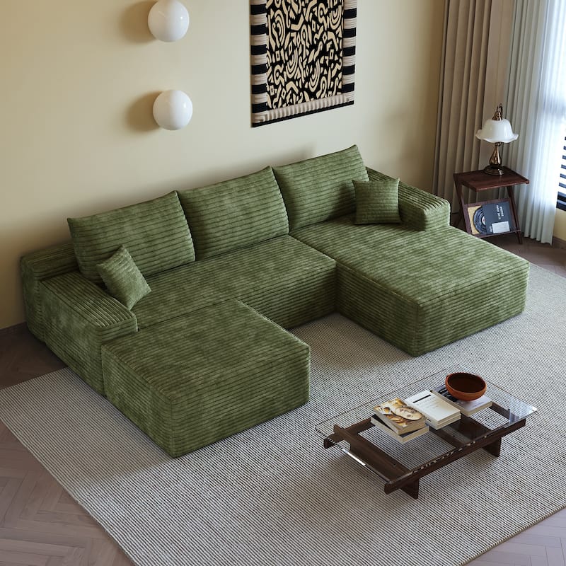 Symmetrical U-shaped Sectional Sofa with Right Facing Chaise Lounge and Ottoman, Corduroy Upholstered Modular Deep Seat Couch - Green