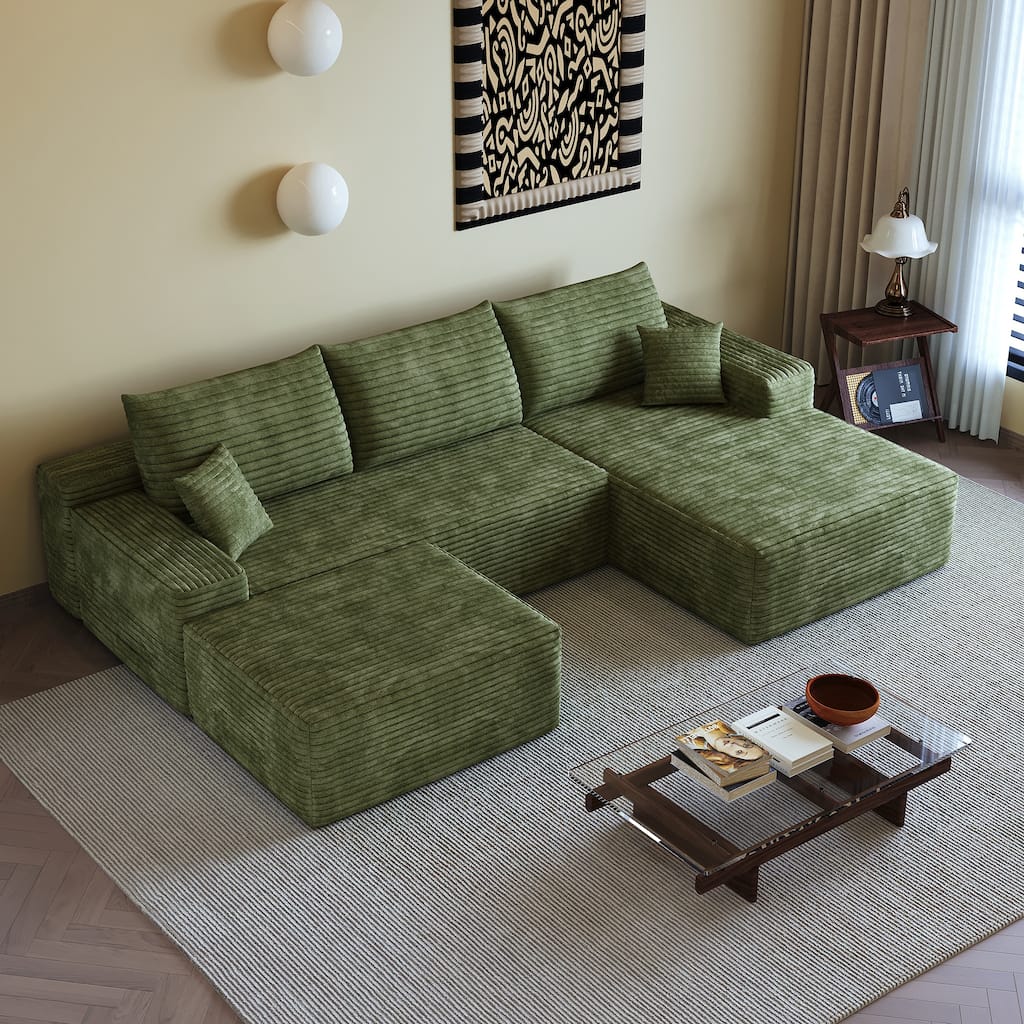 Symmetrical U-shaped Sectional Sofa with Right Facing Chaise Lounge and Ottoman, Corduroy Upholstered Modular Deep Seat Couch