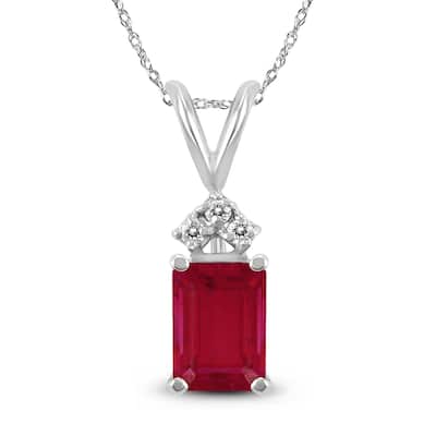 Marquee 14K White Gold 6x4MM Emerald Shaped Ruby and Diamond Pendant