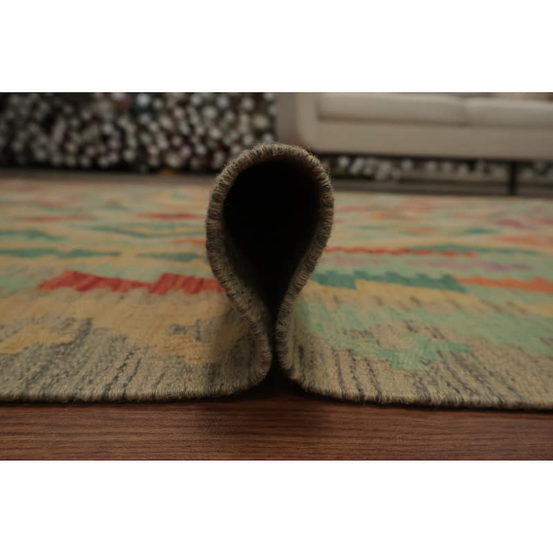 Hand Woven Oriental 100% Wool Carpet Southwestern Tribal Beige & Ivories Kilim Area Rug - 9' 7'' X 6' 9''