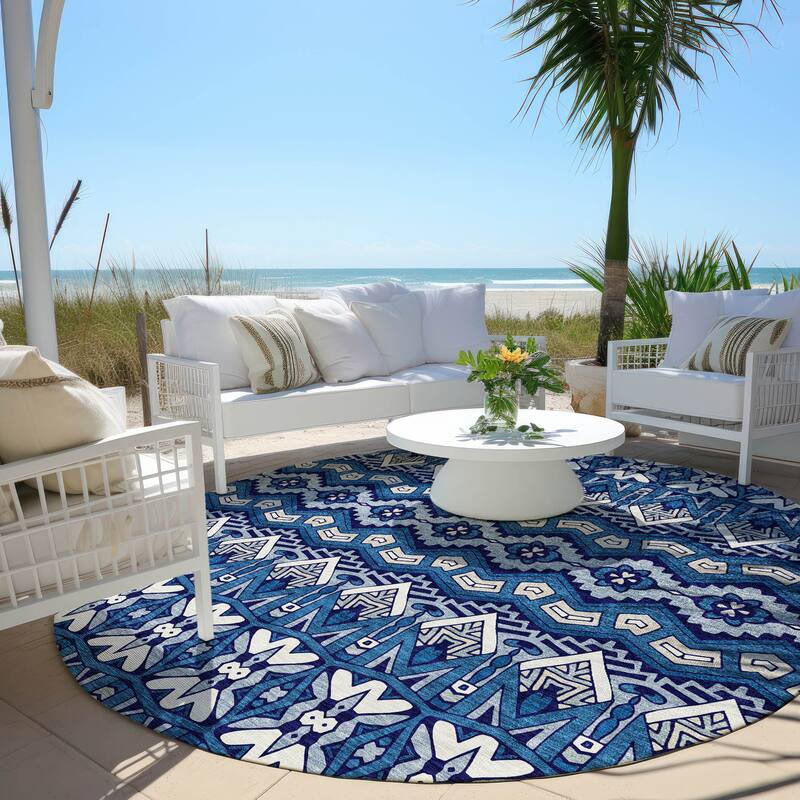Machine Washable Indoor/ Outdoor Chantille Mosaic Global Rug - Navy - 8' x 8'