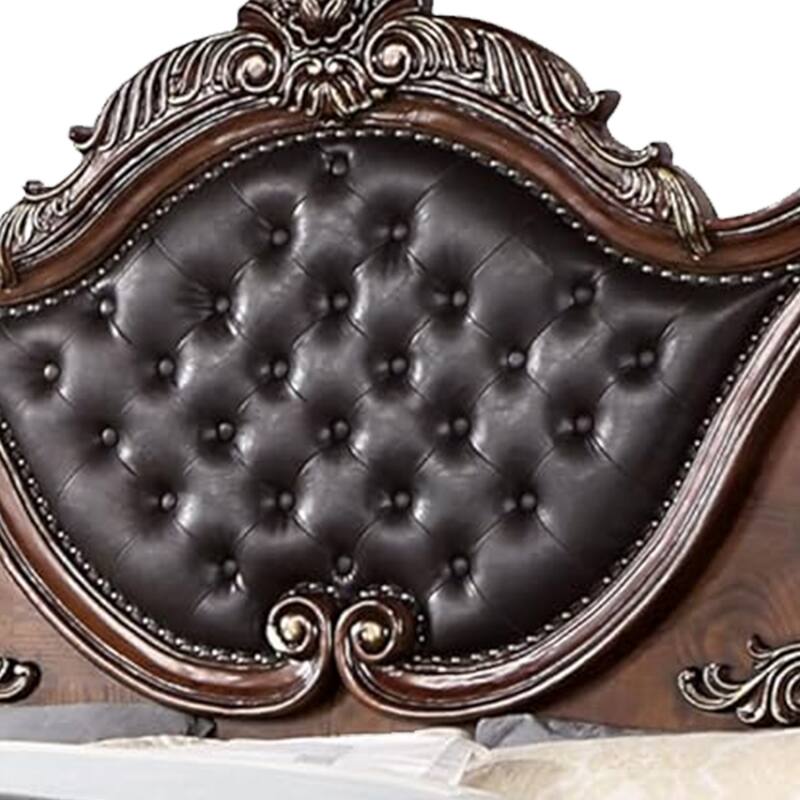 Prio King Bed w Carved Details, Brown Button Tufted Faux Leather, Brown