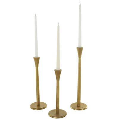 Aluminum Metal Tapered Slim Minimalistic Decorative Candle Holder with Round Base - Set of 3 Gold - Roche River Decor