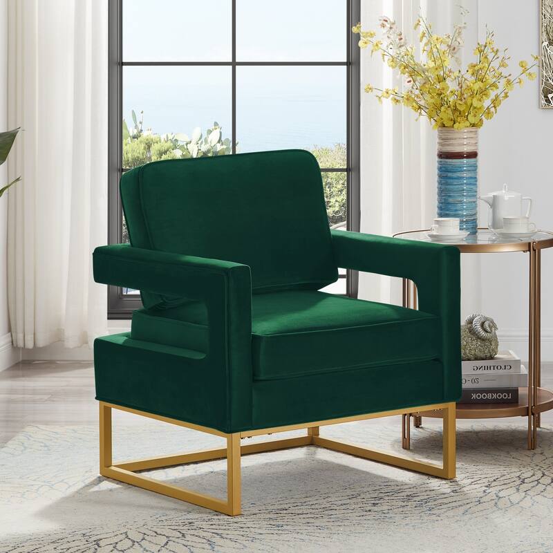 Accent Chair with Gold Metal Base,Velvet Upholstered Leisure Chair with Open Armrest