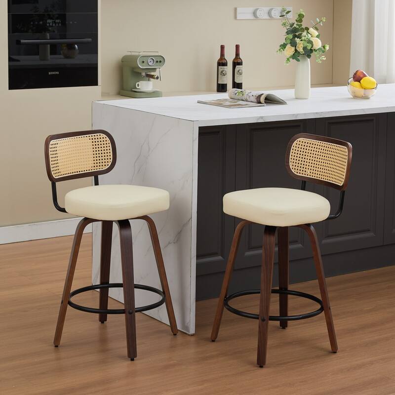 GDF Studio - Renley 26-Inch Rattan Cane Back Swivel Counter Height Bar Stools