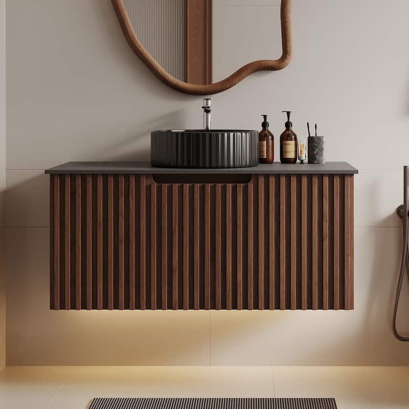 35.43" Floating Single Bathroom Vanities, Solid Wood, Grey Sintered Stone top - Brown