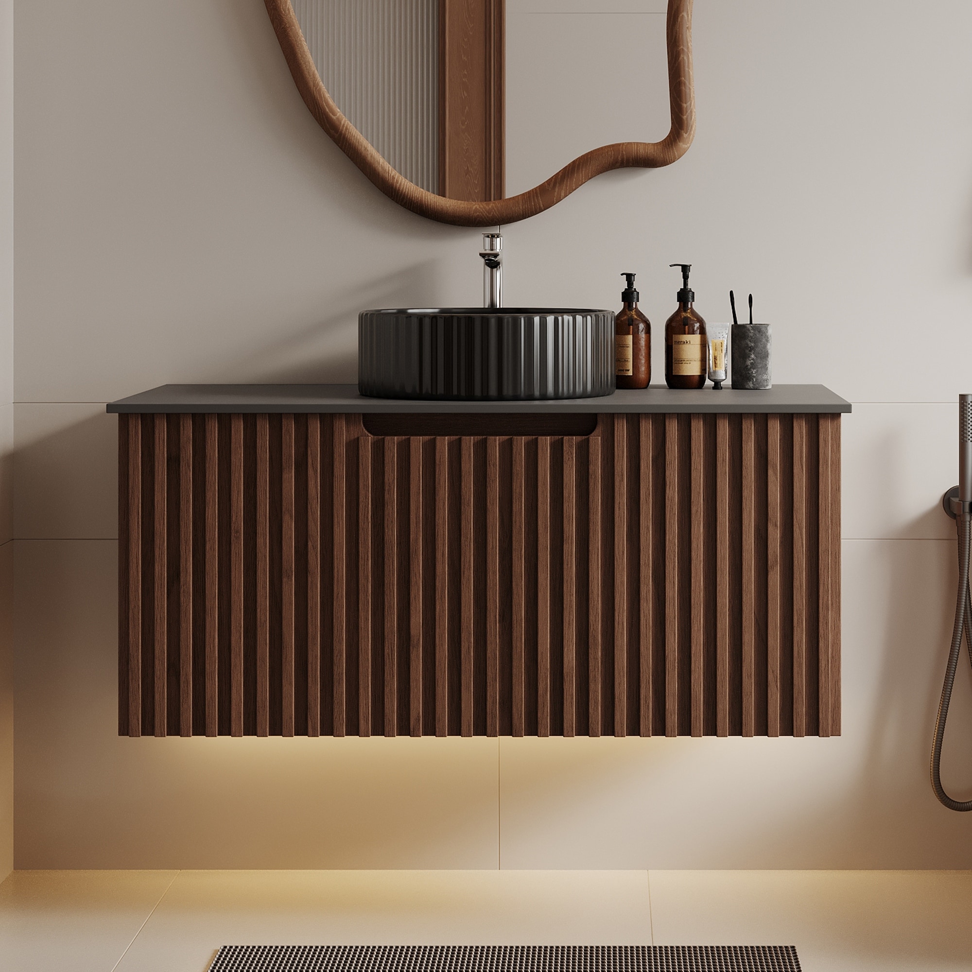 35.43" Floating Single Bathroom Vanities, Solid Wood, Grey Sintered Stone top