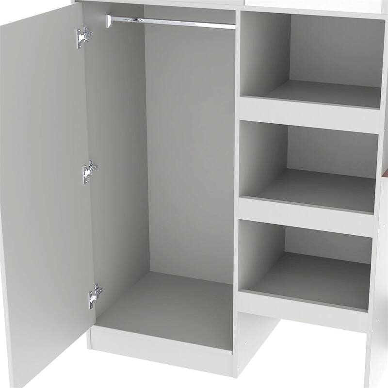 Wood Full Size Loft Bed with Built-in Wardrobe,Desk,Storage Shelves