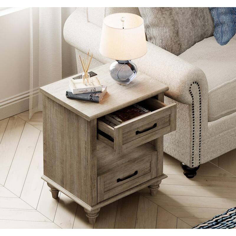 Farmhouse Nightstand Bedside Table, Wood 2-Drawer Side Table