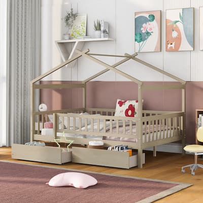 Wooden House Bed with Two Drawers