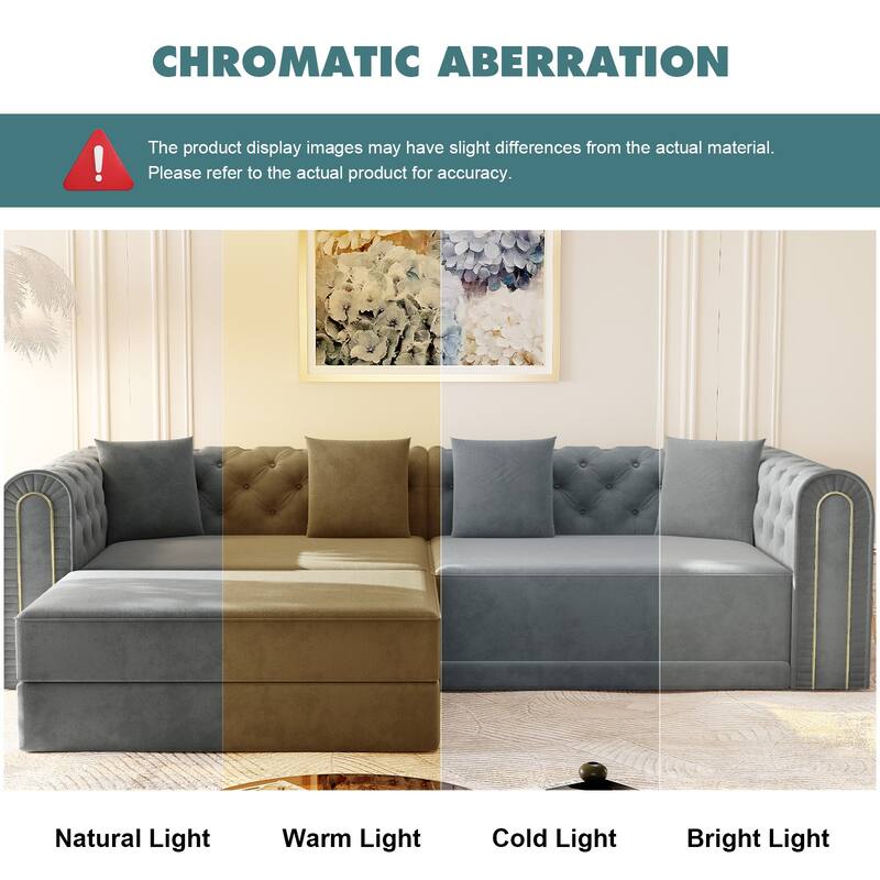 Homy Casa 90.6" 3-in-1 Convertible Sleeper Sofa with Button Tufted & Gold Trim, Movable Ottoman