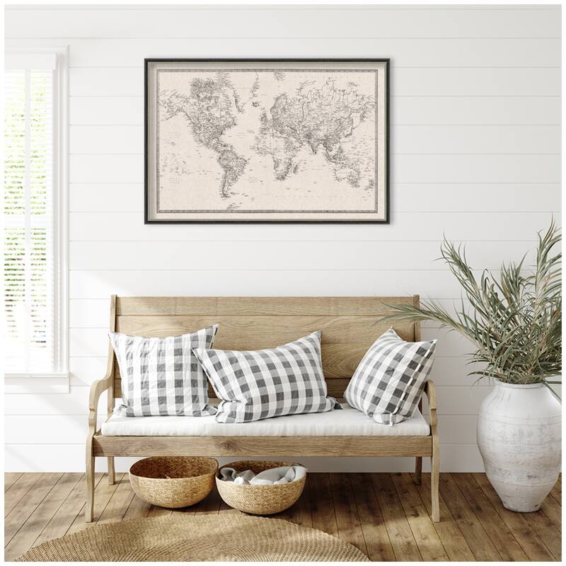 Kate and Laurel Framed Fabric Pinboard Vintage Black and White Linen World Map Wall Organization