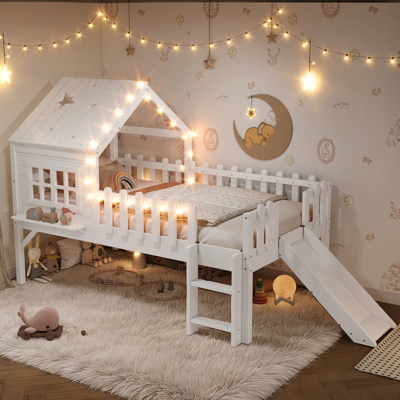 House Loft Bed with Slide and LED Lights, Kids Playhouse Bed with Star & Moon Cutout Roof and Window, Low Loft Bed - White - Twin