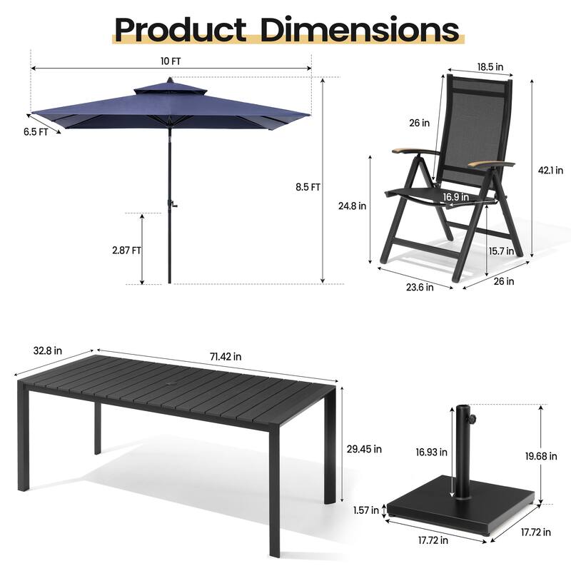 9-Piece Outdoor Patio Dining Set Wood Like Aluminum Umbrella Hole Table with Folding Chairs, Market Umbrella and Base