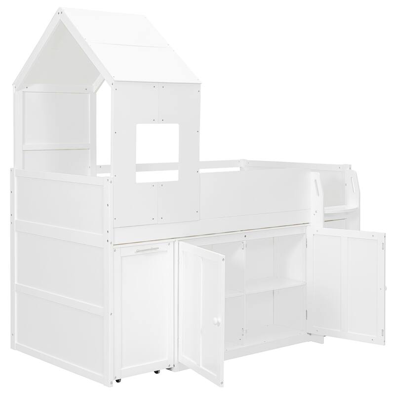 Twin Wood Loft Bed with Desk, Drawers & Cabinets, Space-Saving Design