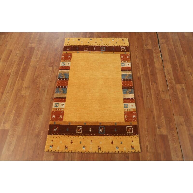 Hand Knotted Oriental 100% Wool Carpet Tribal Tribal Yellow & Gold Gabbeh Area Rug - 4' 4'' X 2' 6''