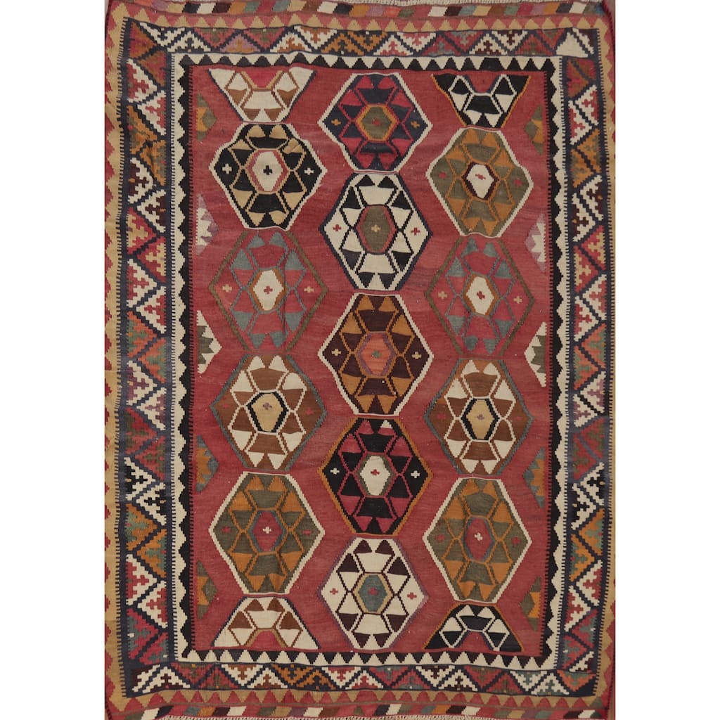 Hand Woven Oriental 100% Wool Carpet Southwestern Tribal Red Kilim Area Rug - 6' 11'' X 5' 3''