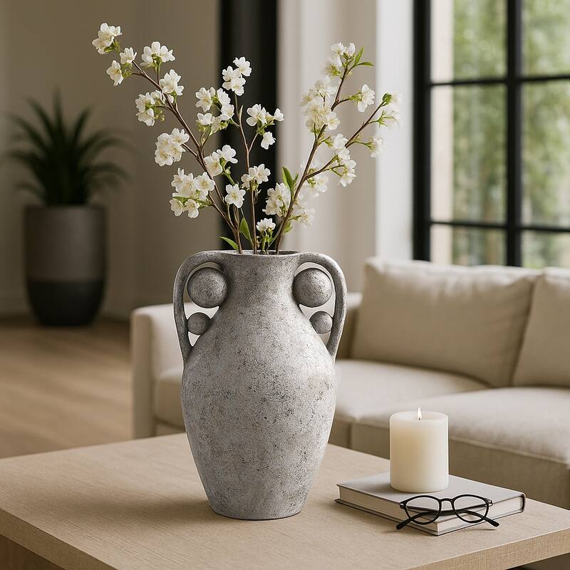 Terracotta Amphora Vase with Orbs Under Handles - Gray, 26"