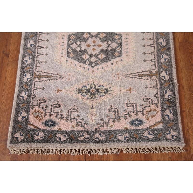 Geometric Kazak Runner Rug Hand-Knotted Grey Wool Carpet - 2'7"x 9'10"