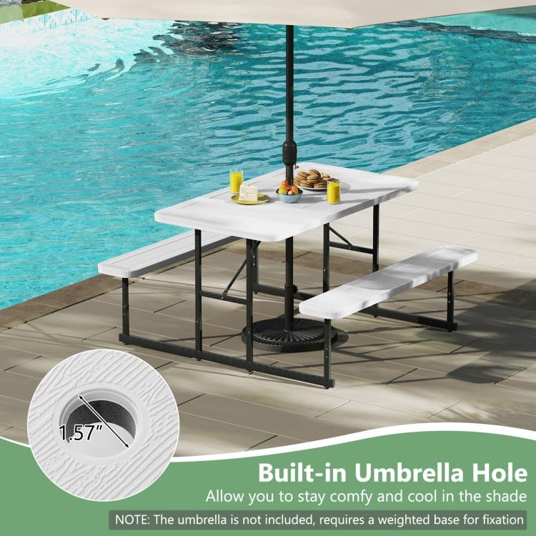 HDPE Picnic Table and Bench Set with Metal Frame and Umbrella Hole - 59" x 53" x 30"