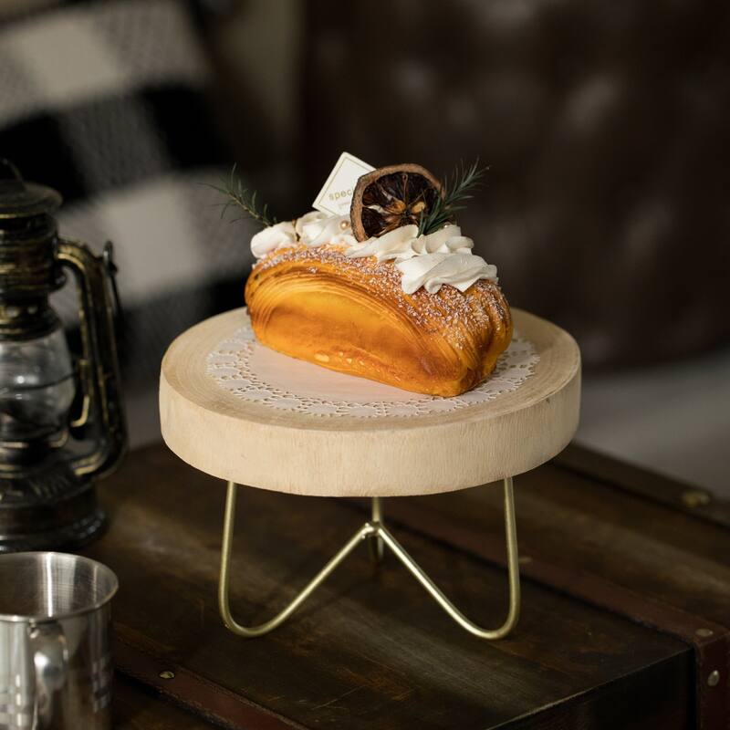 Round Wood Tree Slice Serving Tray with Gold Metal Stand