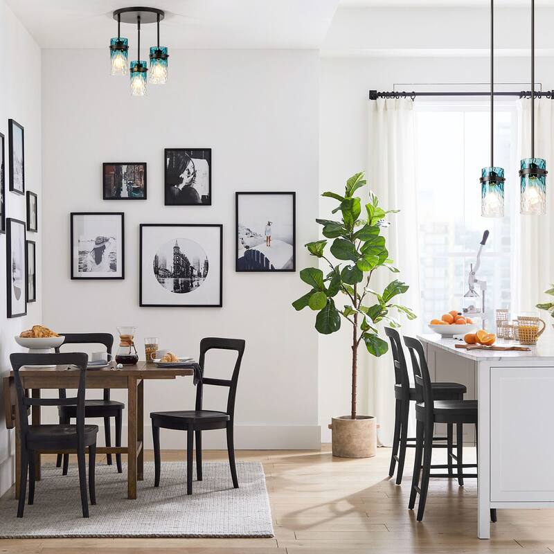 1/3-Light Coastal Matte Black Adjustable Pendant Light with Gradient Blue Hammered Cylinder Glass for Kitchen Island