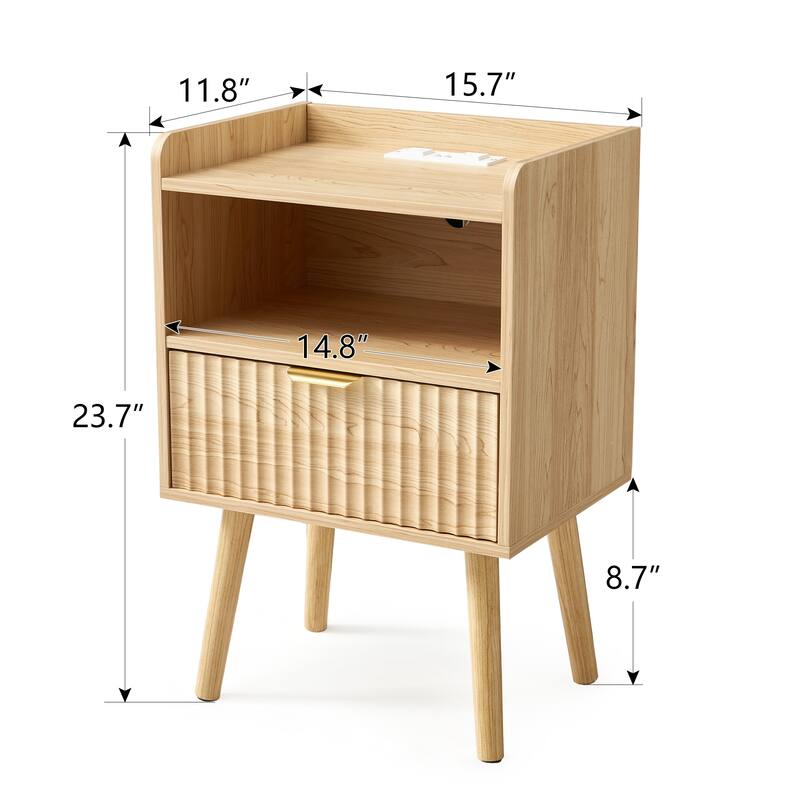 EROMMY Modern Nightstand with Charging Station Fluted Bedside Table USB Ports Storage Drawer
